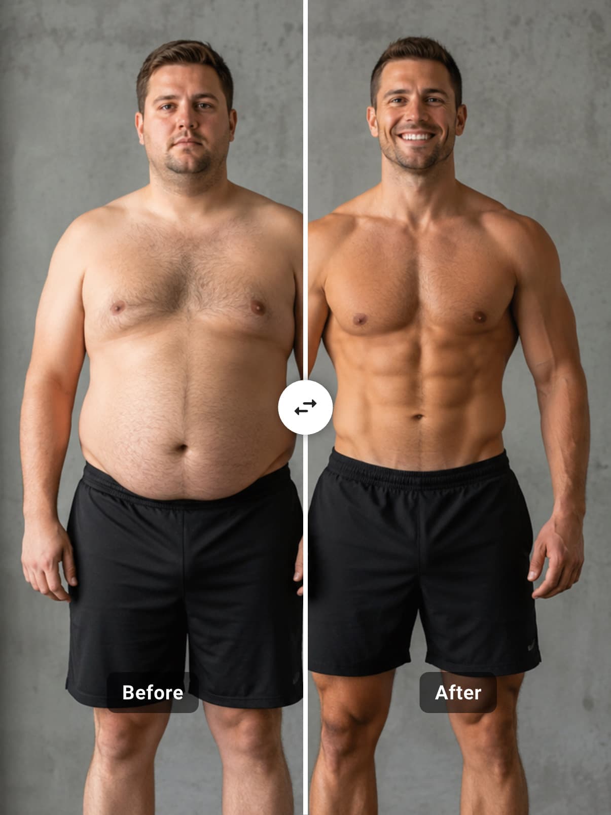 Before and after body transformation comparison showing an overweight man on the left and the same man lean and muscular on the right