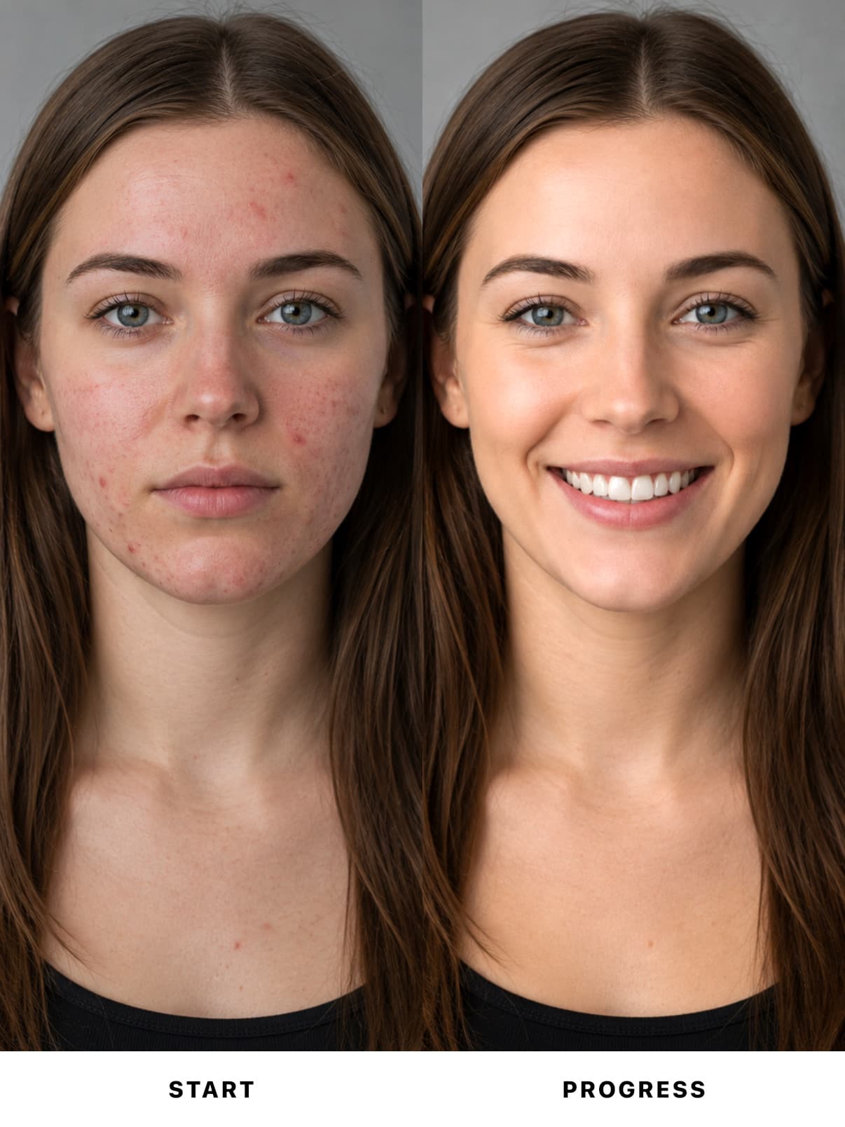 Before and after skincare comparison of a woman labeled Start and Progress, showing acne-prone skin clearing to smooth glowing skin and a confident smile