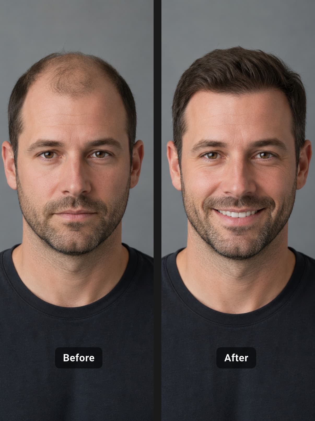 Before and after hair restoration comparison of a man, thinning and balding hair labeled Before on the left and a full head of hair labeled After on the right