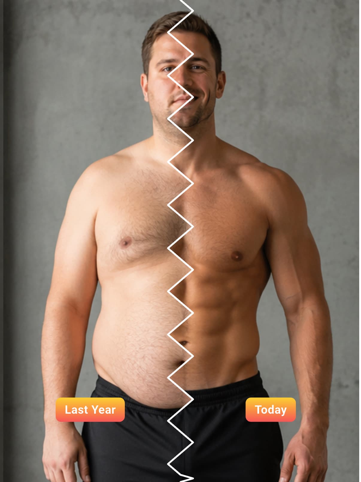 Before and after weight loss comparison of a man labeled Last Year and Today, split with a torn paper effect from overweight to fit and toned